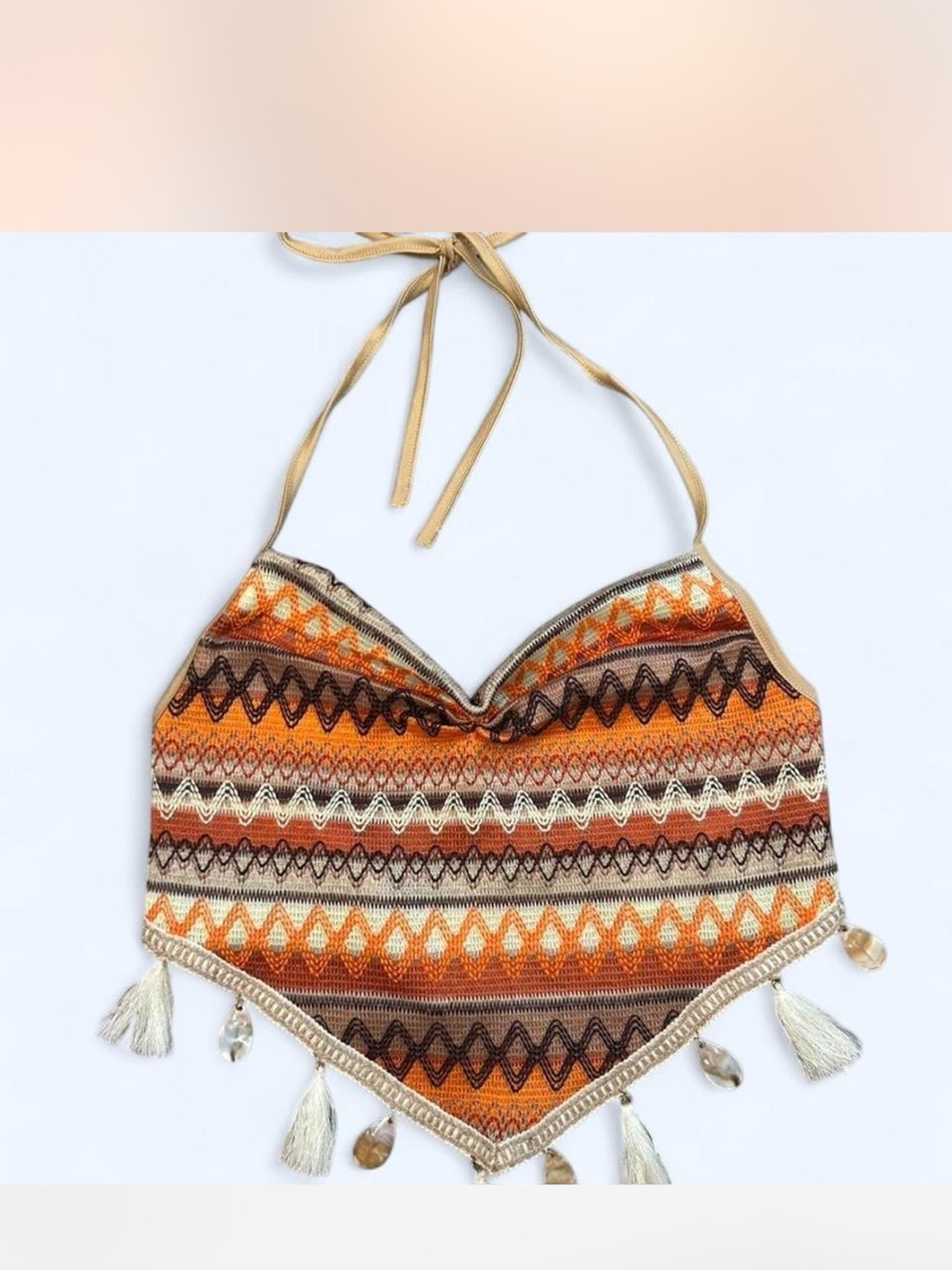 Boho Knit Tassel Halter Crop Top in Orange Multi